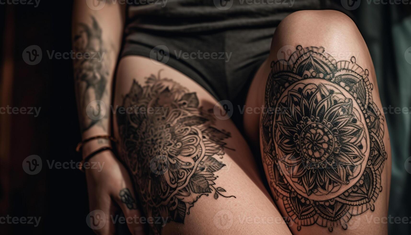 Ornate henna tattoo adorns young woman leg generated by AI photo