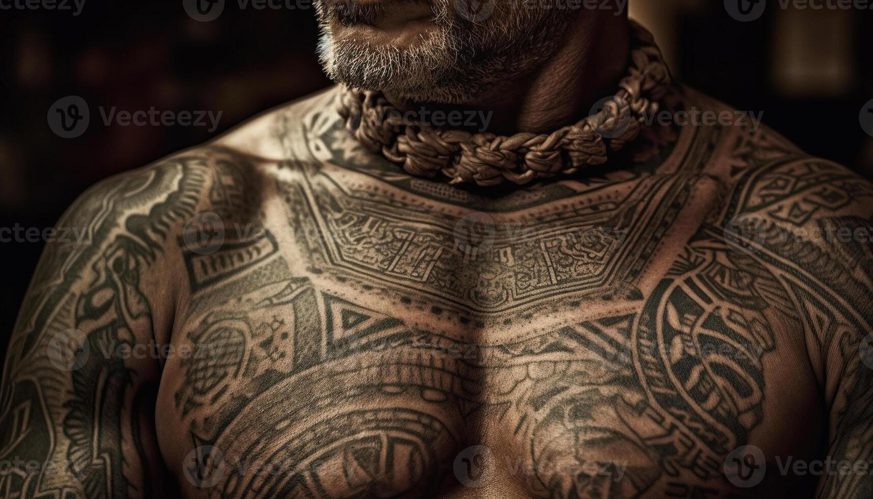 Inked torso adorned with intricate cultural patterns generated by AI photo