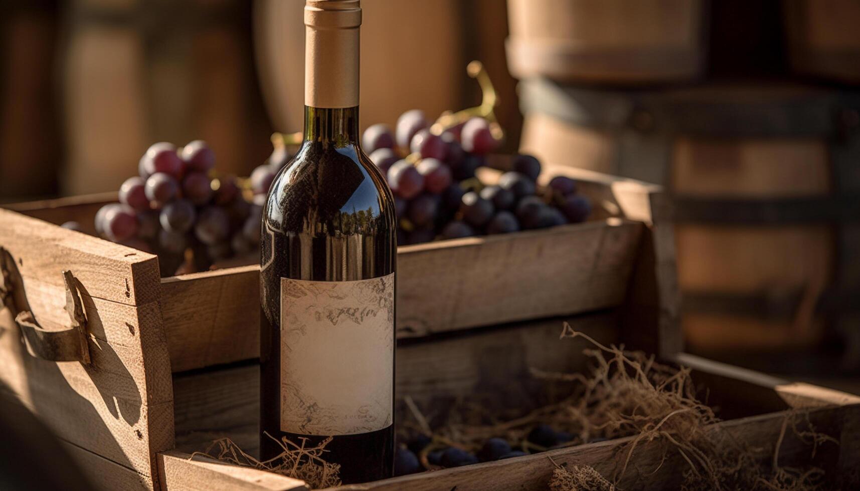 Ripe grape bunches on rustic winery table generated by AI photo