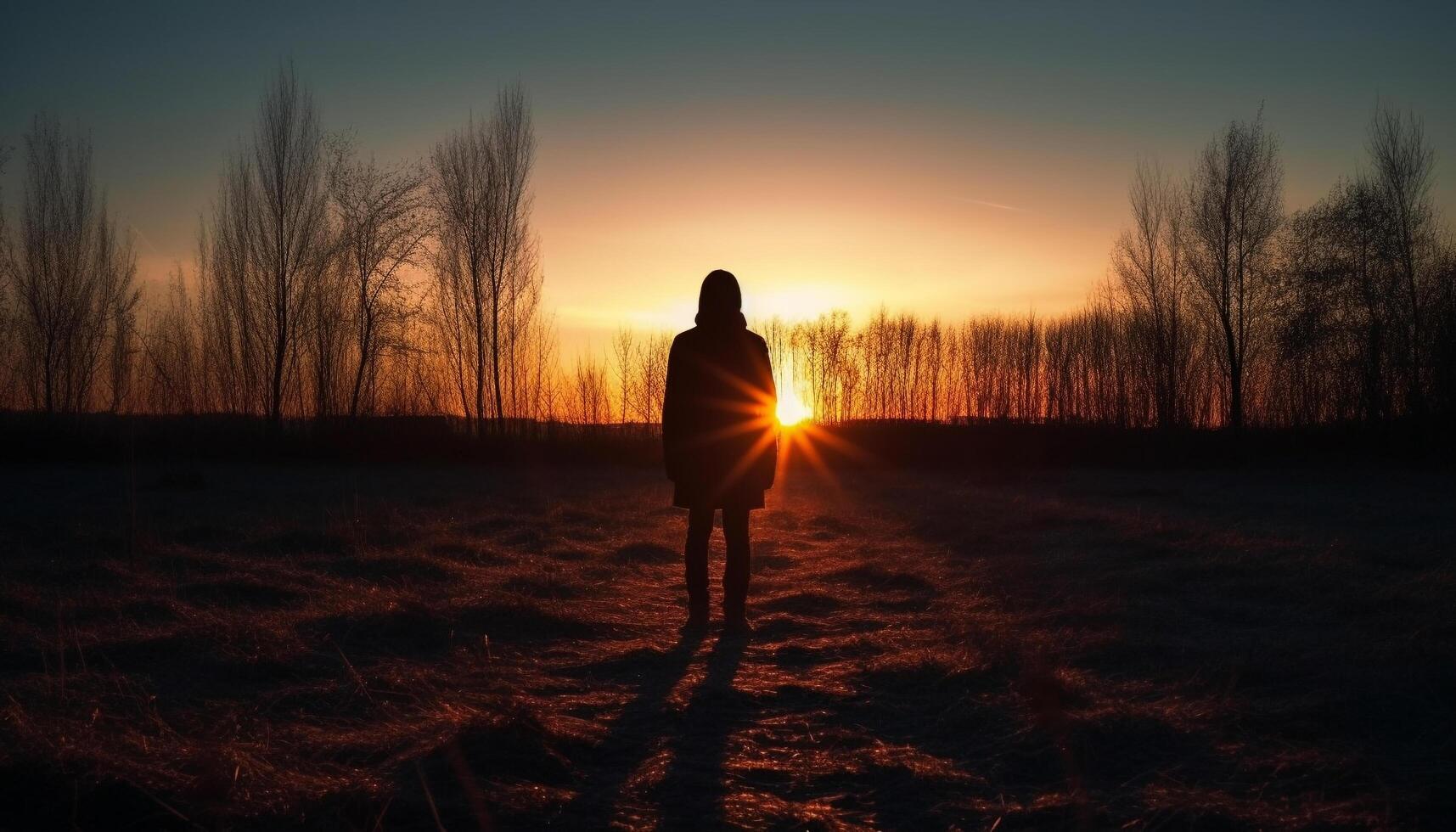 Silhouette of one person walking in solitude generated by AI photo