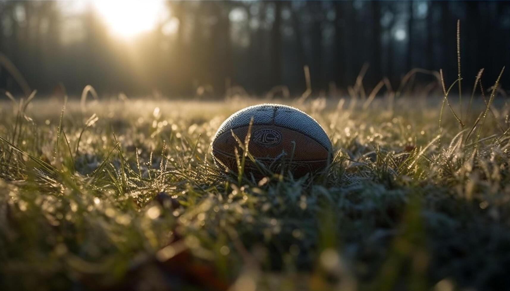 Leather sphere on green turf, sports success generated by AI photo