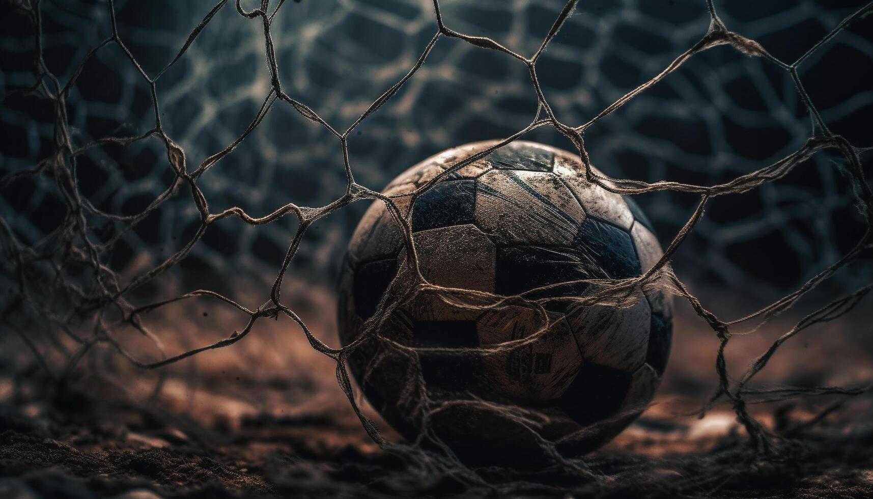 Dirty soccer ball on wet grass field generated by AI photo