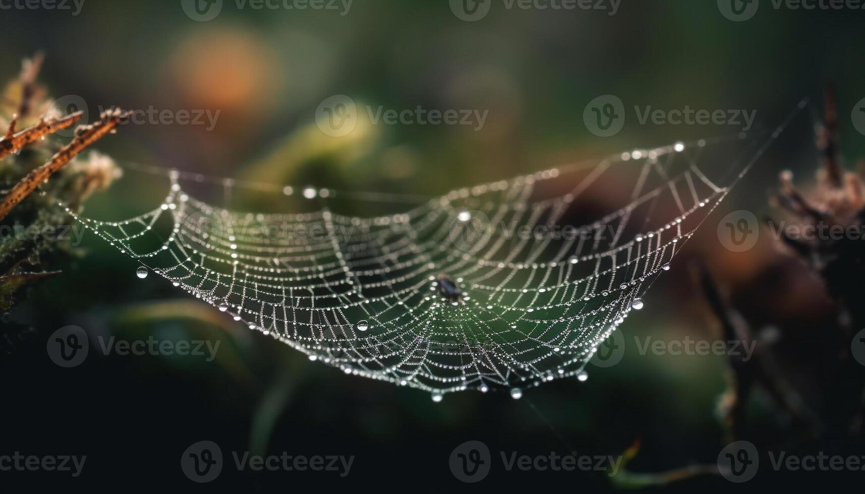 Spider web glistens with dew in autumn forest generated by AI photo