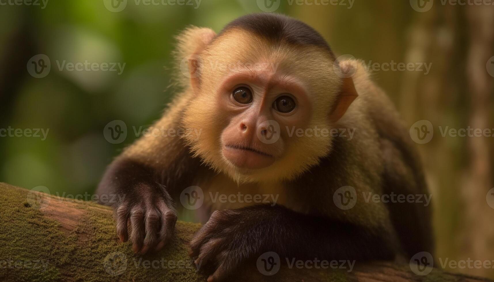 joven macaco sentado en tropical selva árbol generado por ai foto