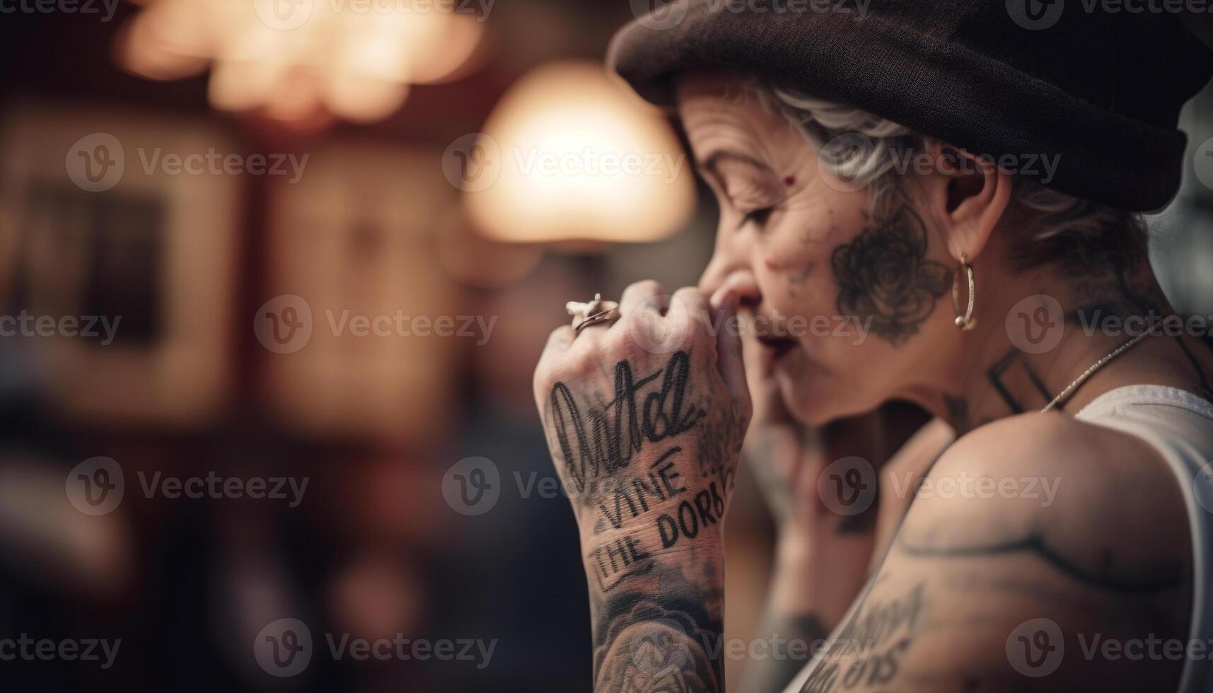 Smiling woman holds tattoo, city life creativity generated by AI photo
