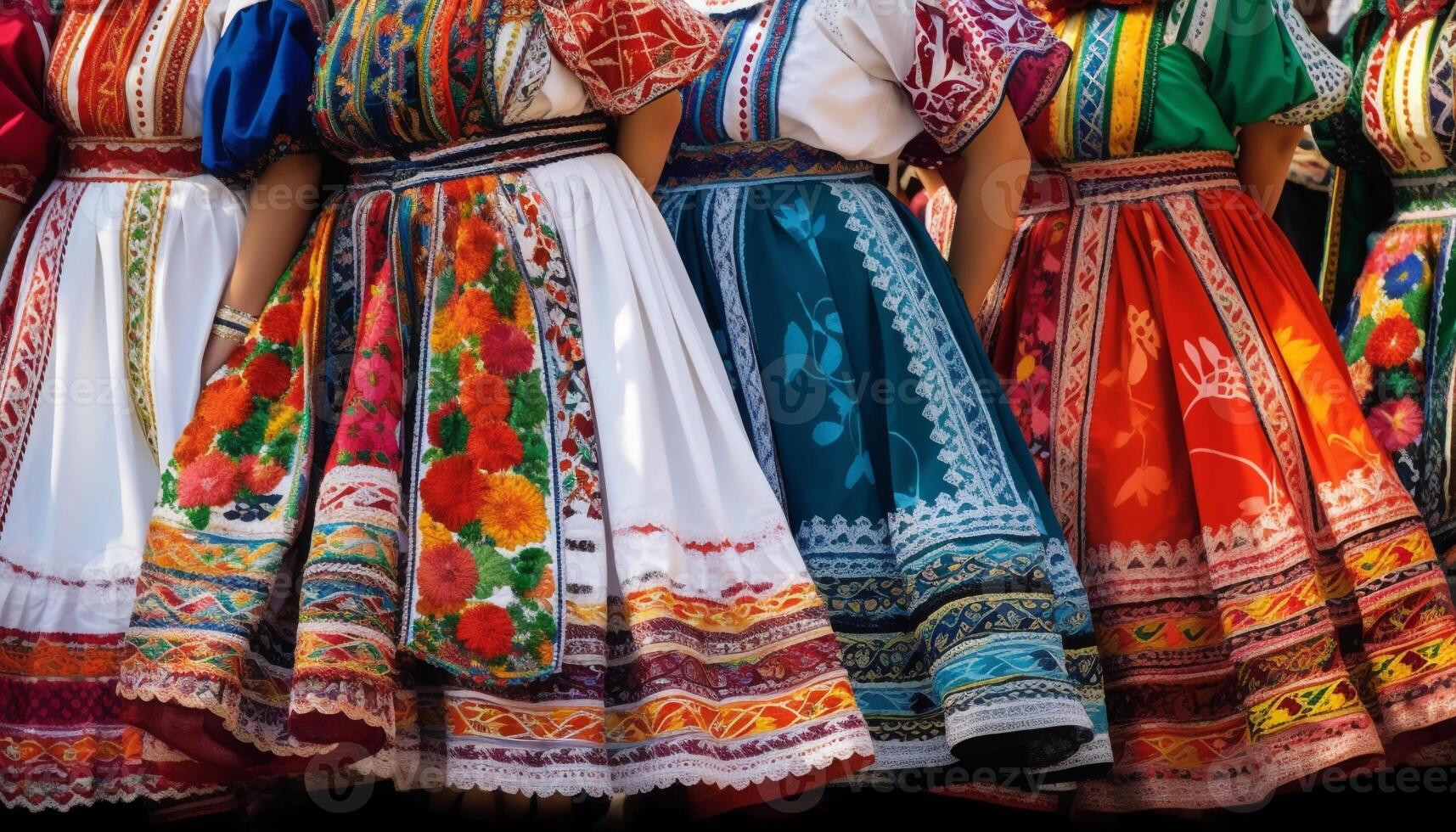 vibrante disfraces adornar bailarines en tradicional desfile generado por ai foto