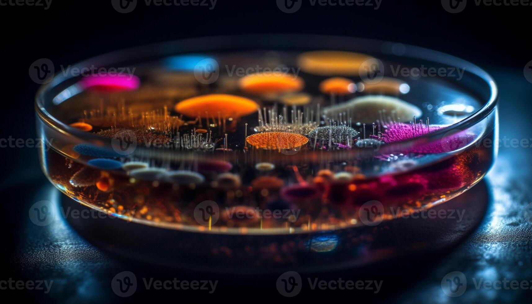 Blue liquid drop on glass in laboratory generated by AI photo