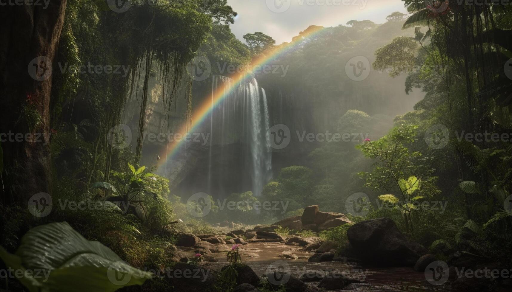 Rainbow over tropical rainforest, a fantasy heaven generated by AI photo