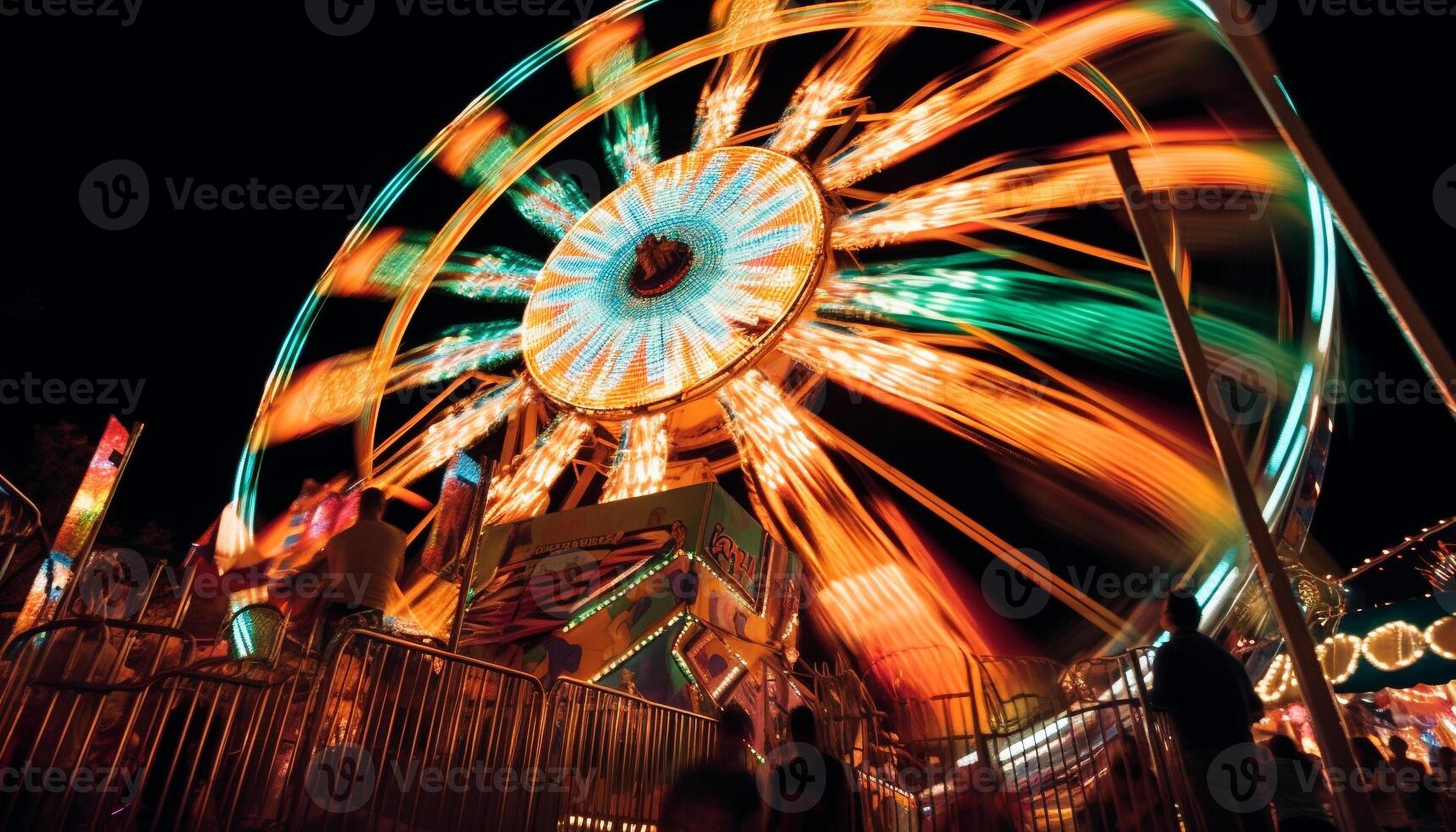 Blurred motion, vibrant colors, carnival excitement at night generated by AI photo