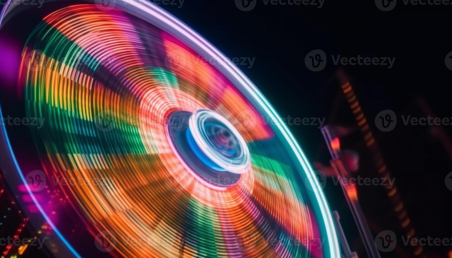 Blurred motion, vibrant colors, spinning wheel, illuminated generated by AI photo