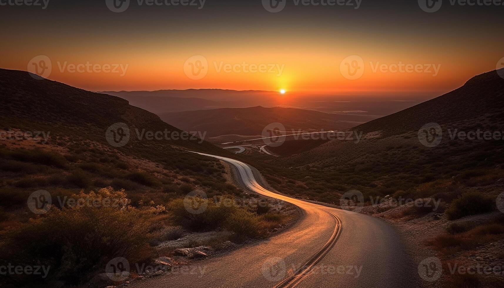 puesta de sol terminado montaña rango en rural país la carretera generado por ai foto