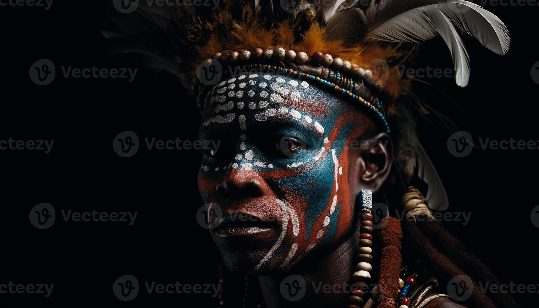 Indigenous beauty in traditional headdress and face paint generated by AI photo