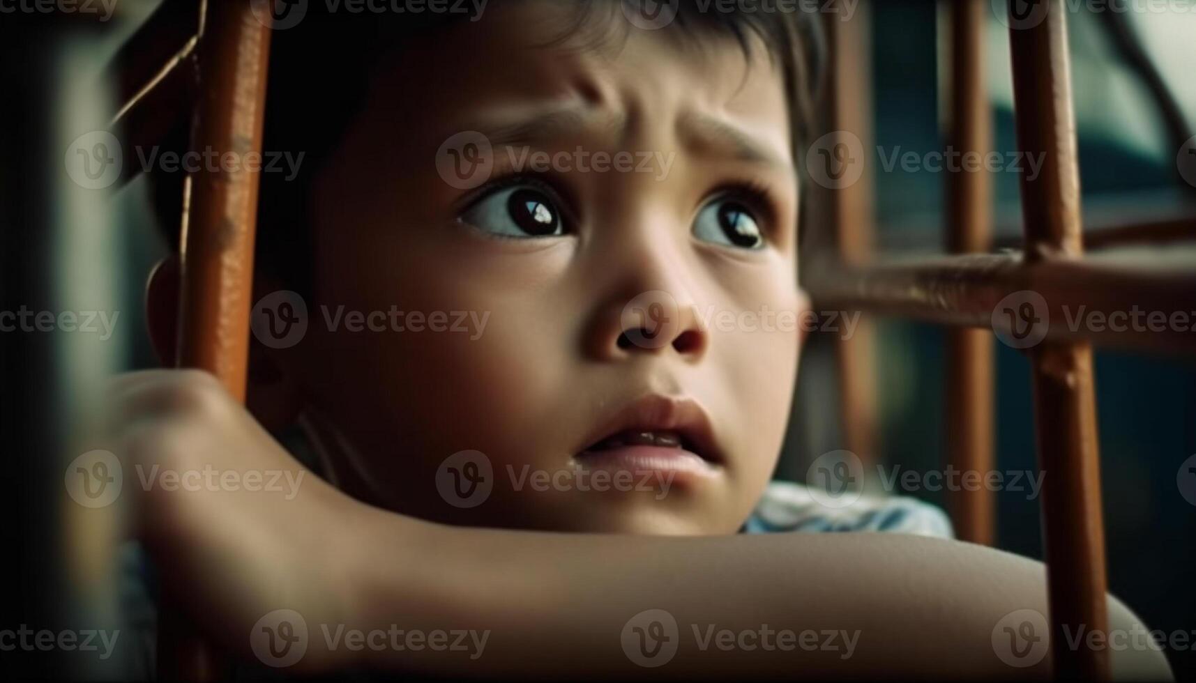 Cute child looking sad, staring out window generated by AI photo