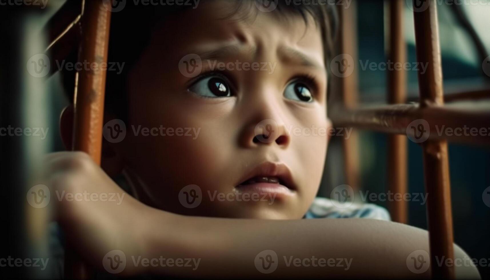 linda niño mirando triste, curioso fuera ventana generado por ai foto