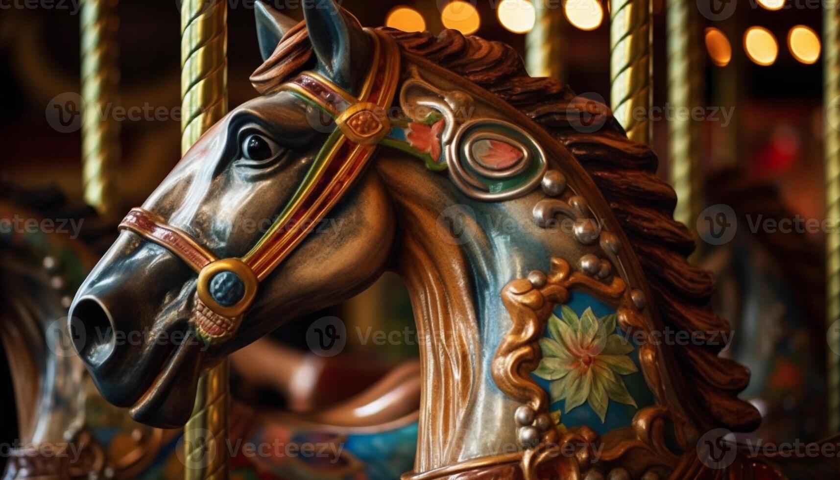 Spinning carousel horses bring childhood joy outdoors generated by AI photo