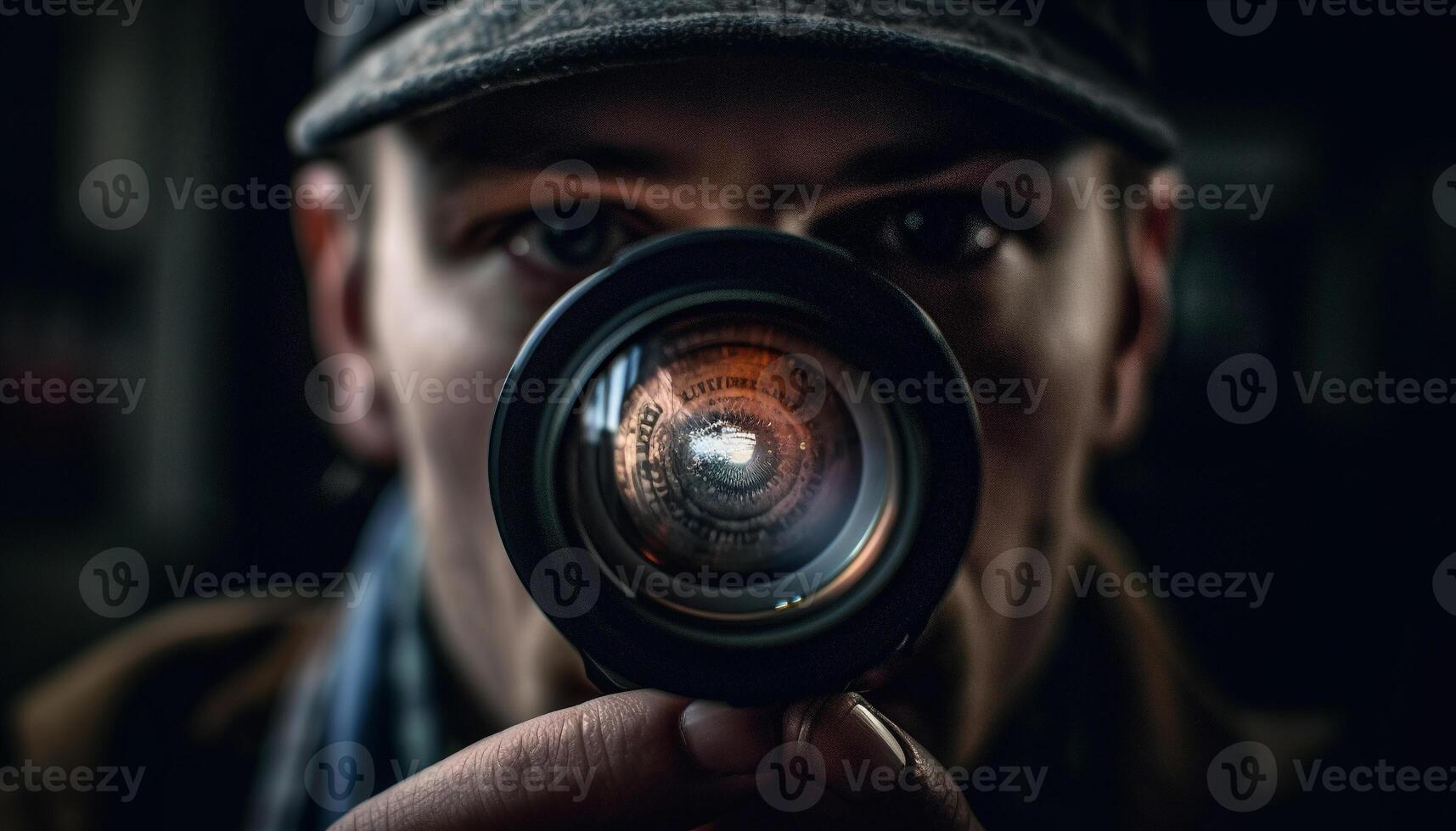 Young adult photographer holding SLR camera, focusing generated by AI photo