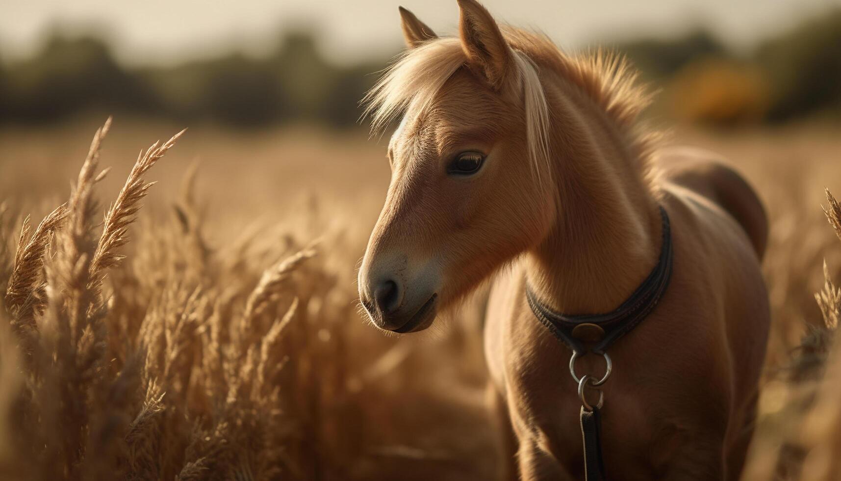 Cute horse grazing in meadow at sunset generated by AI photo