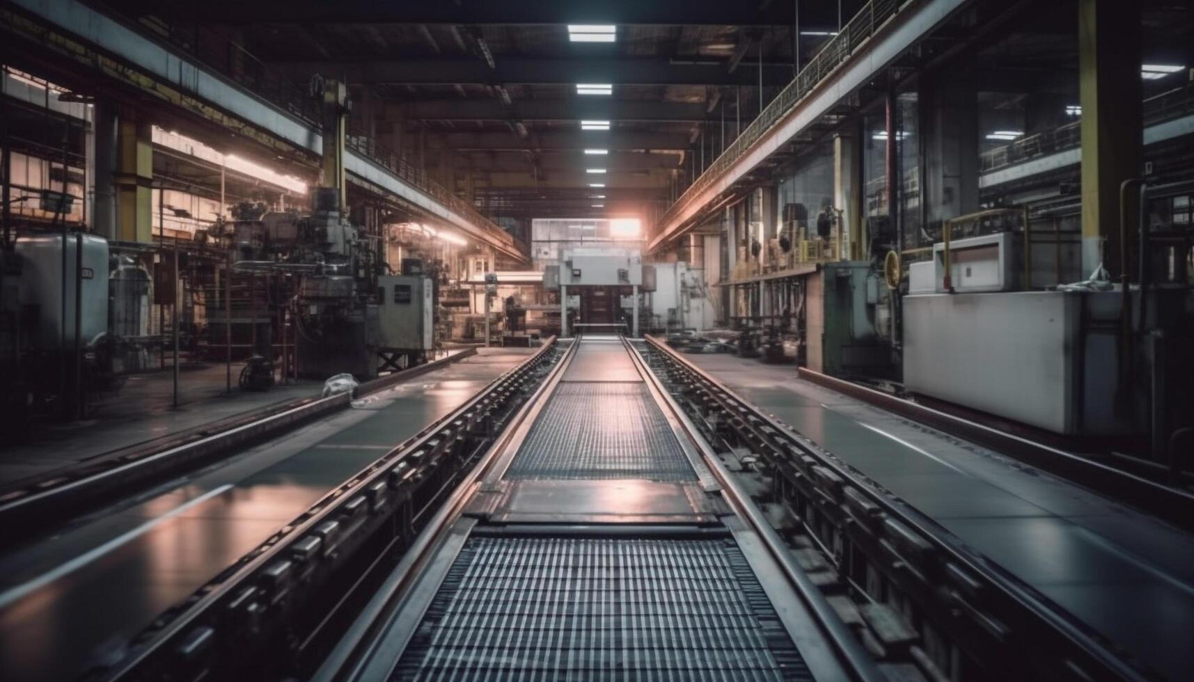 Modern metal industry workshop, illuminated with blue lighting generated by AI photo