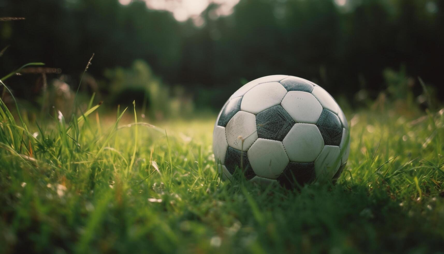 Green soccer ball rolls on grass field generated by AI photo