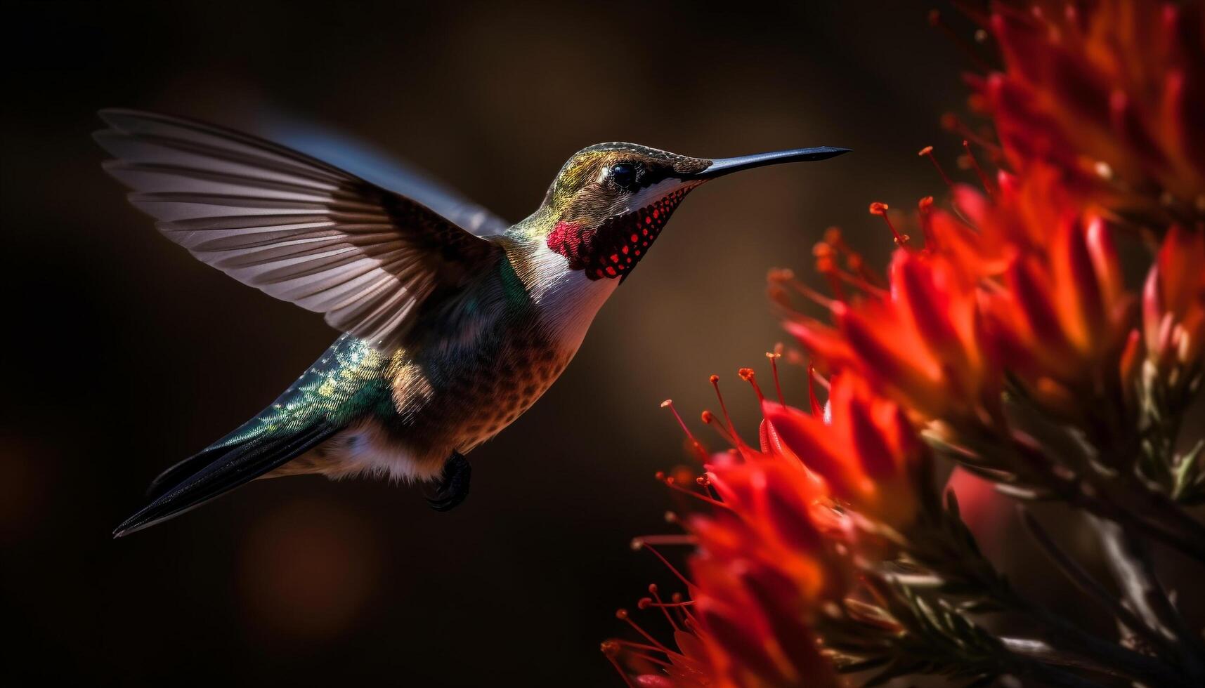 colibrí flotando, multi de colores plumas, polinizando un flor generado por ai foto