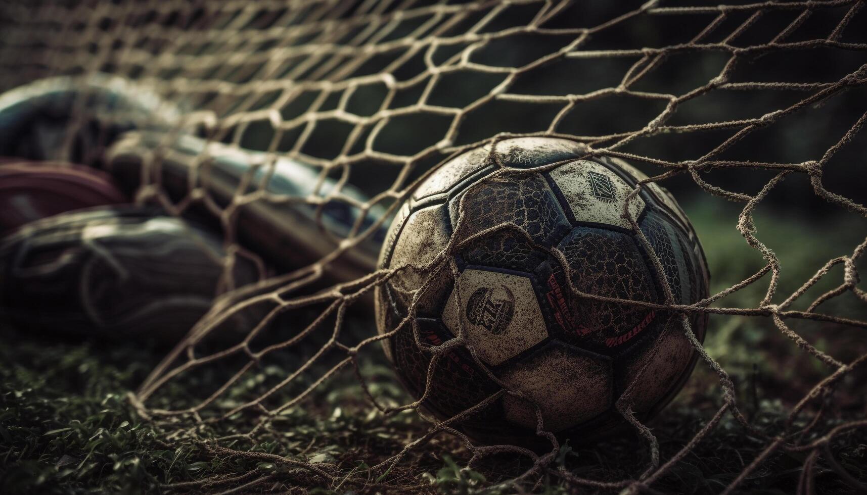 fútbol pelota pateando mediante sucio red generado por ai foto