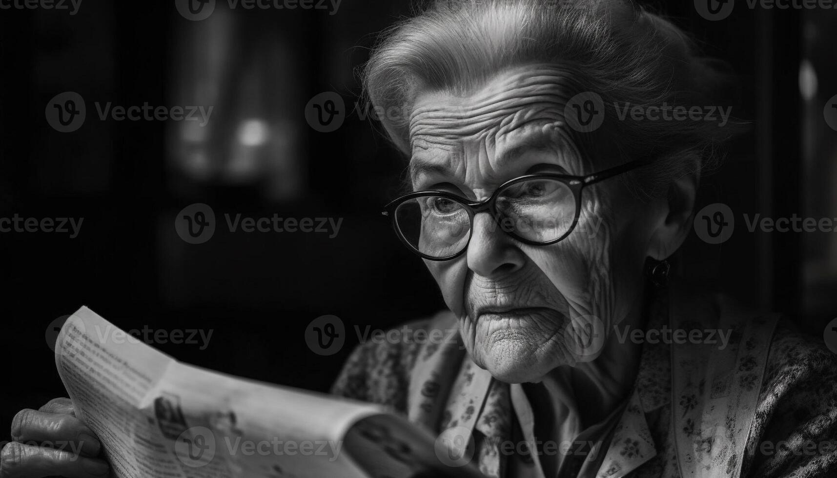 uno mayor mujer leyendo libro adentro, los anteojos generado por ai foto