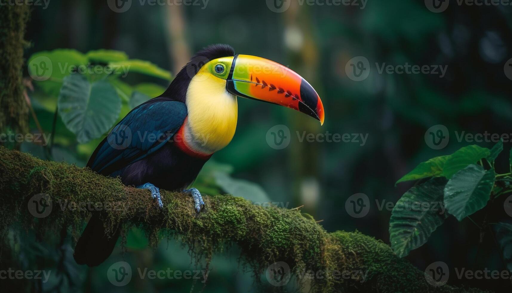 Vibrant toucan perched on branch in rainforest generated by AI photo