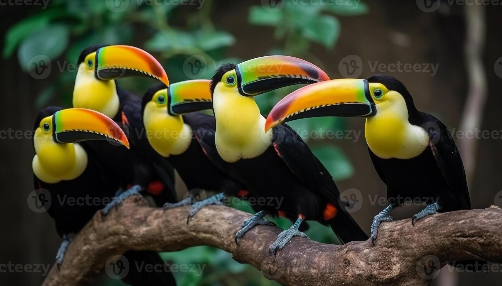 Vibrant toucan perched on branch in rainforest generated by AI photo