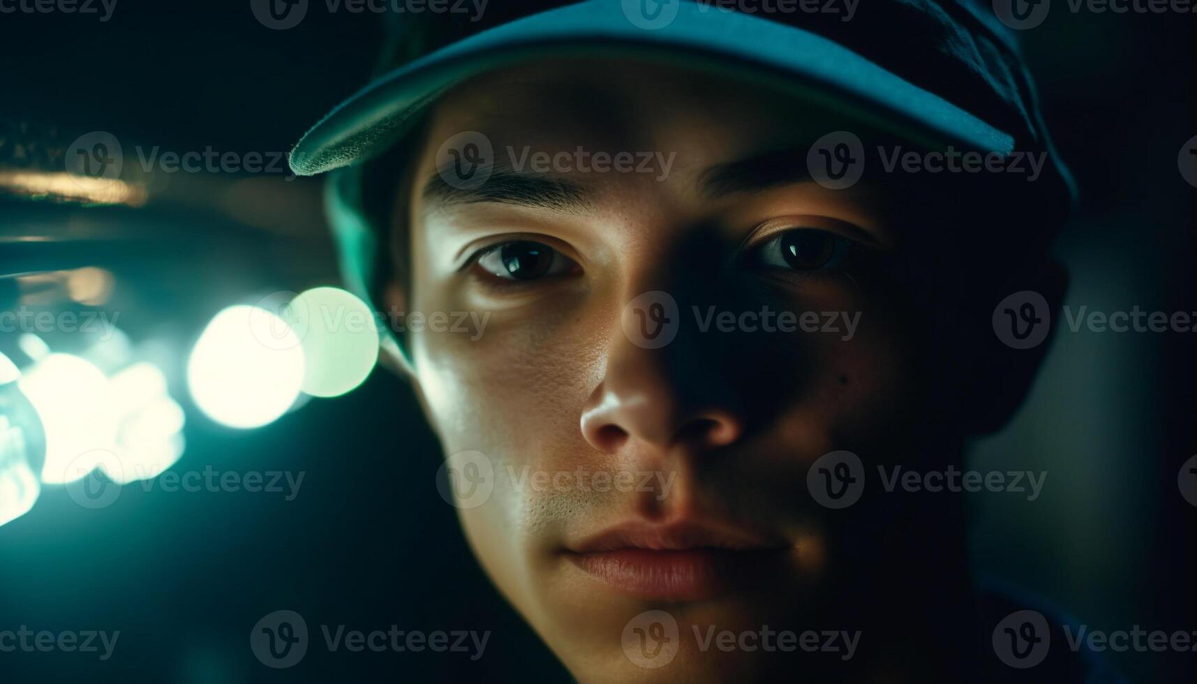 confidente joven atleta en azul béisbol gorra generado por ai foto