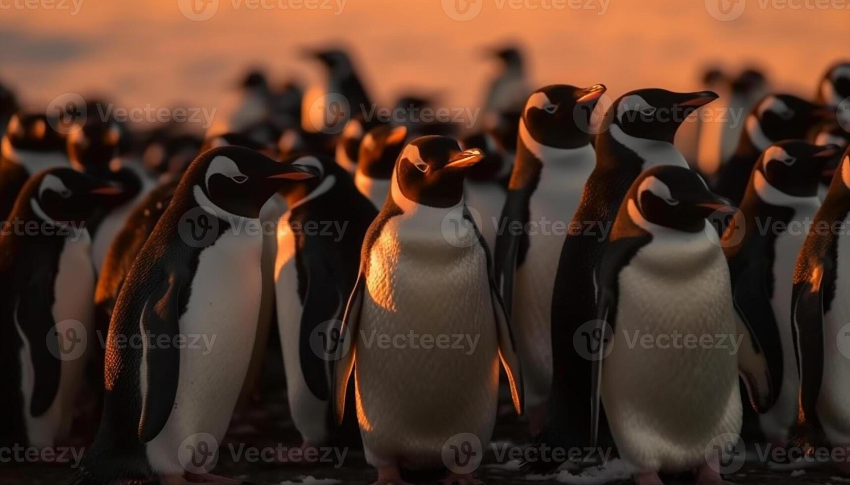 Small group of penguins waddling on ice generated by AI photo