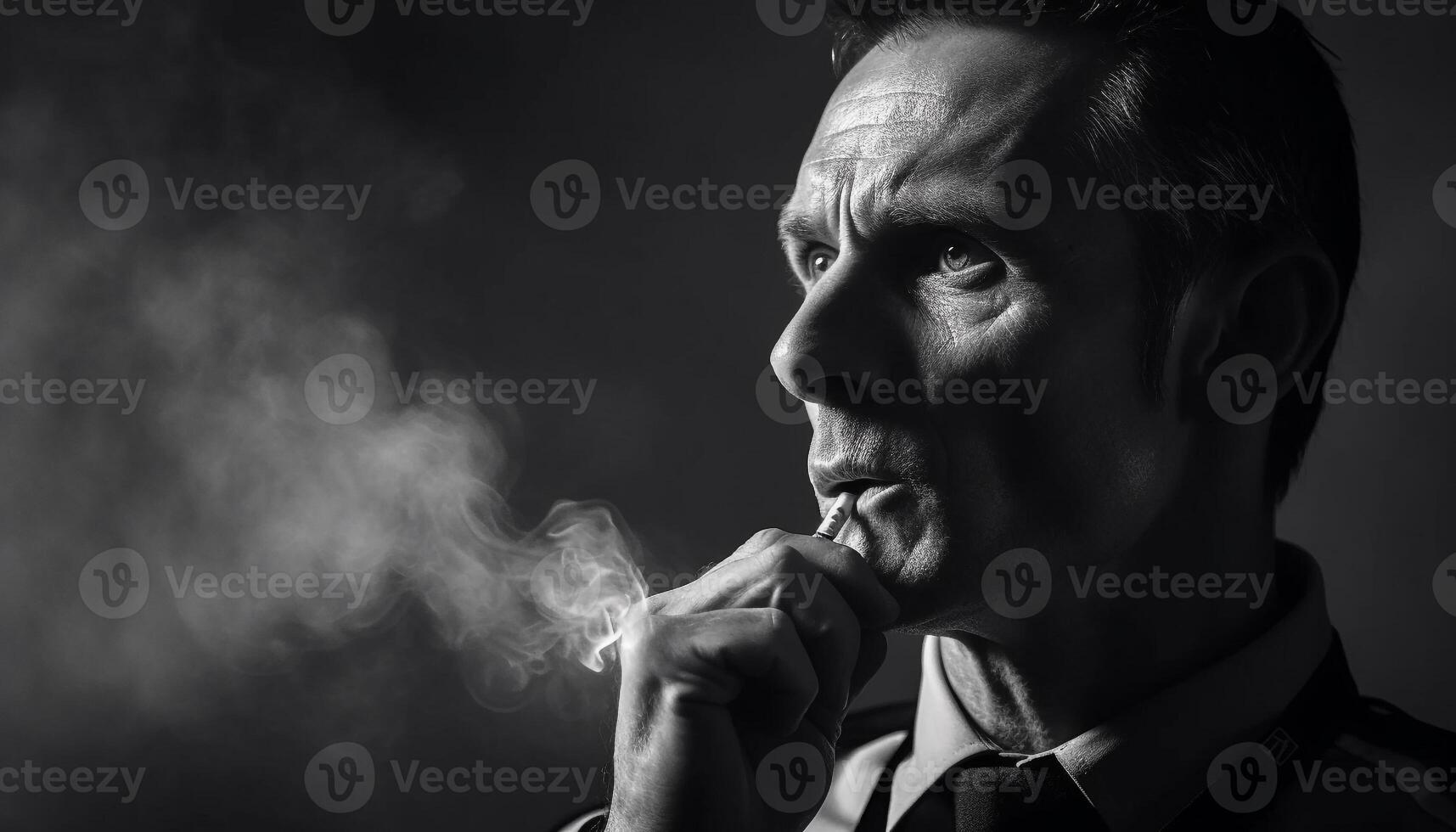 Sad businessman smoking, contemplating life problems alone generated by AI photo