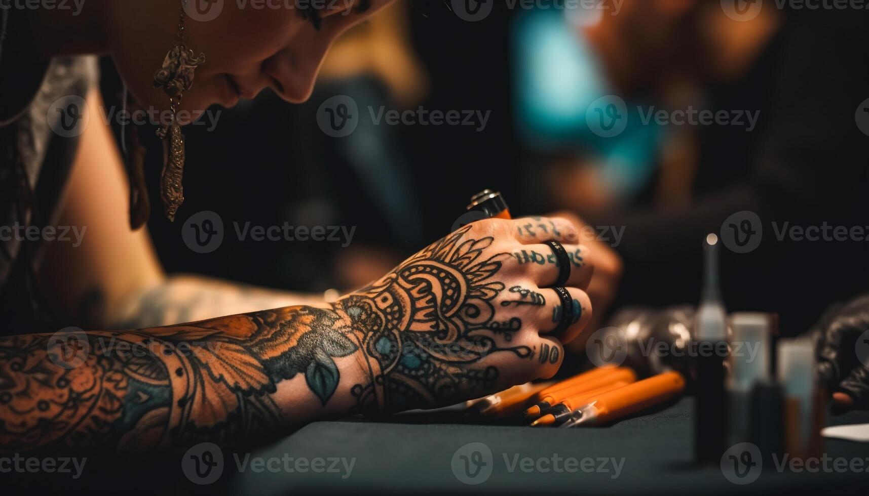 Young adult artist tattooing with creativity and skill generated by AI photo