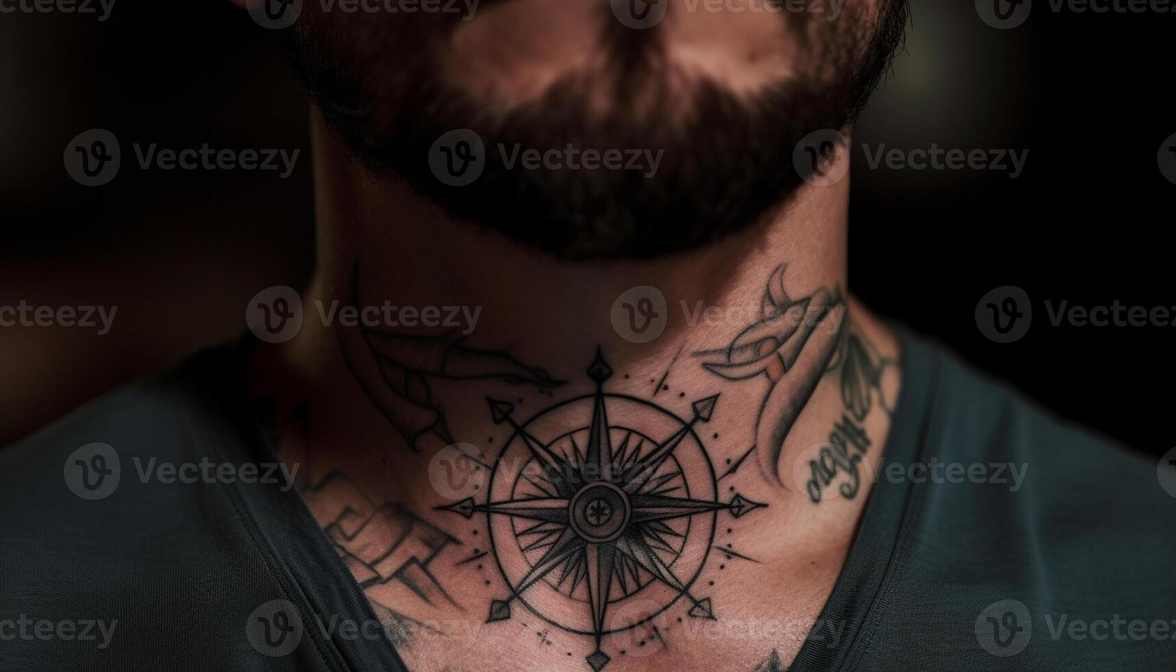 Bearded man tattooed hand holds creative artwork generated by AI photo