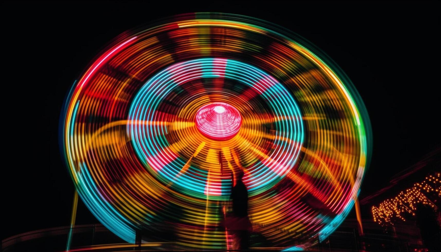 Spinning carnival wheel ignites vibrant glowing colors generated by AI photo