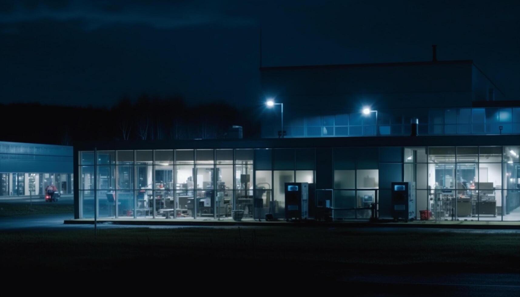 Dark modern architecture illuminated by blue street lights generated by AI photo