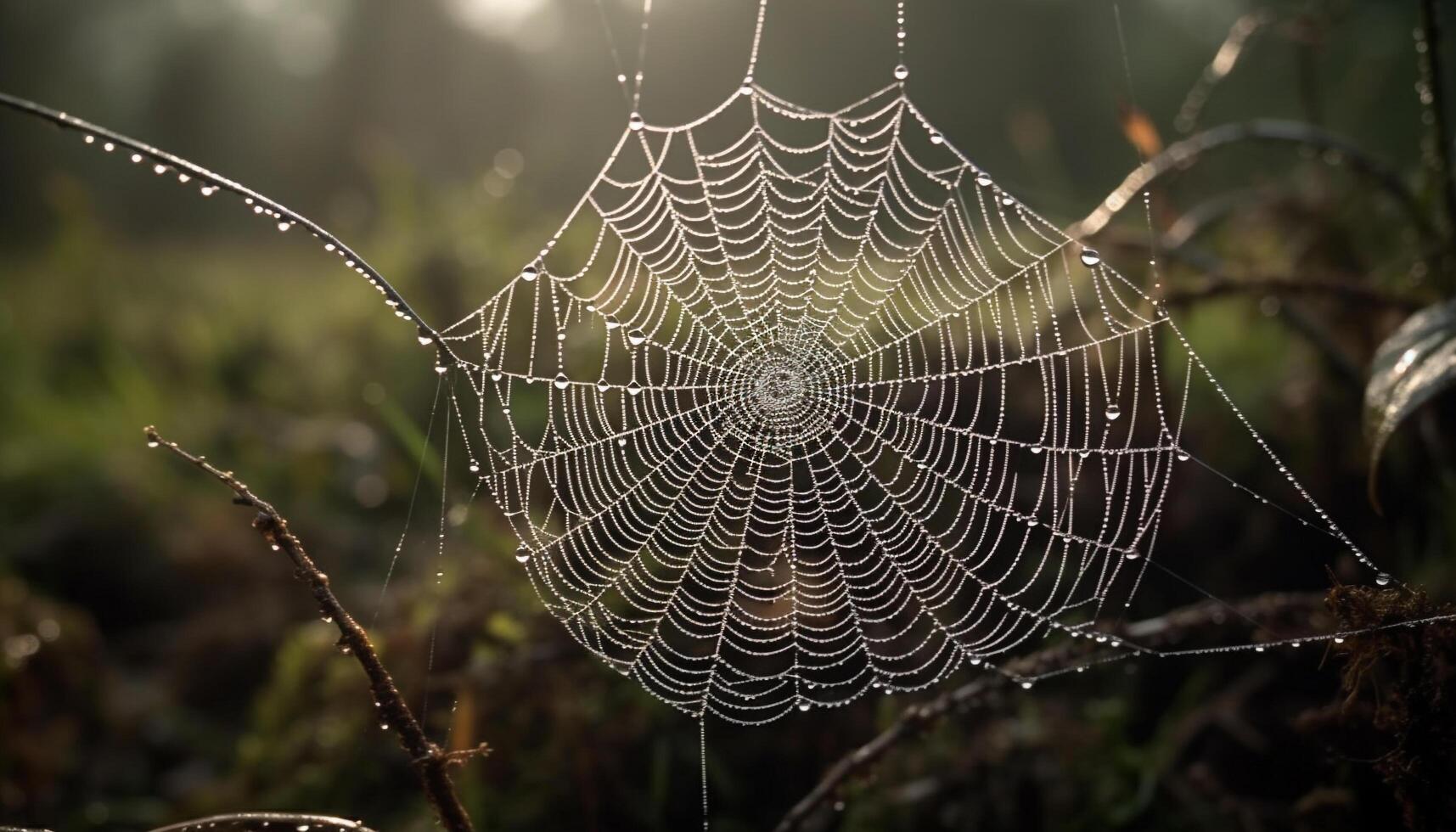 Spooky spider web captures dew drop sphere generated by AI photo