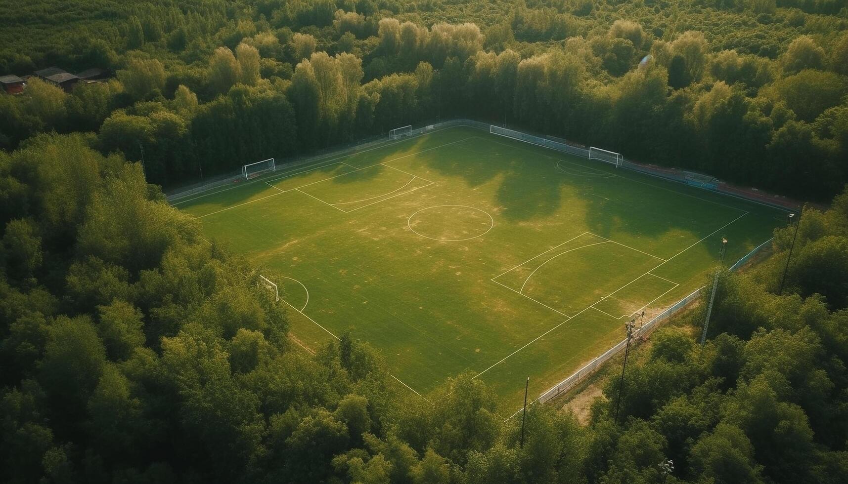 verde prado, árbol, y bosque en aéreo ver generado por ai foto