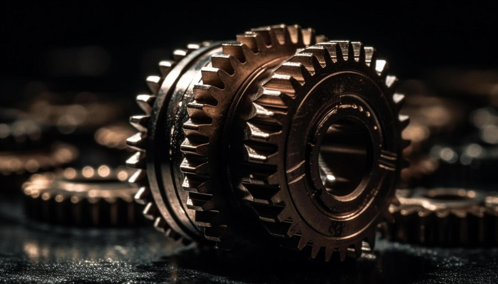 Interlocked steel gears turning in industrial machinery generated by AI photo