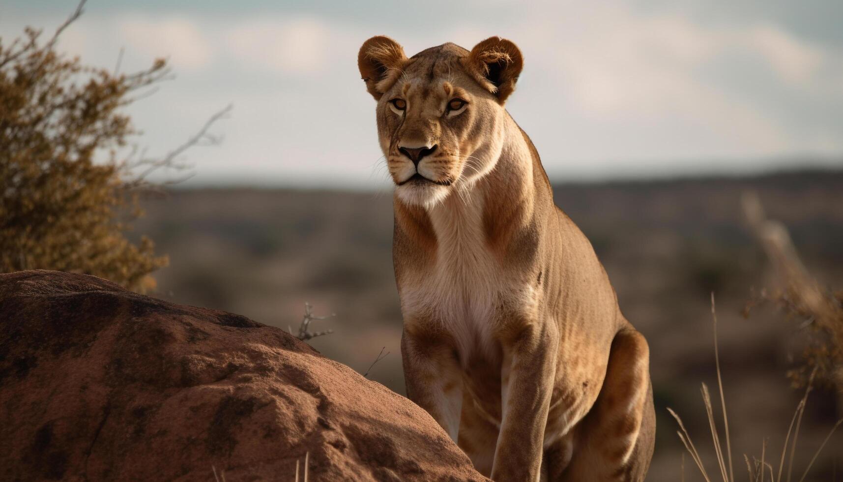 Majestic lioness walking in African wilderness adventure generated by AI photo