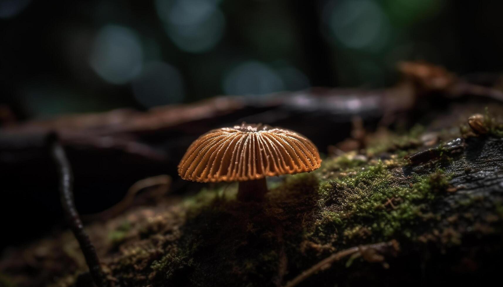 Fresh edible mushroom cap spotted in uncultivated forest generated by AI photo