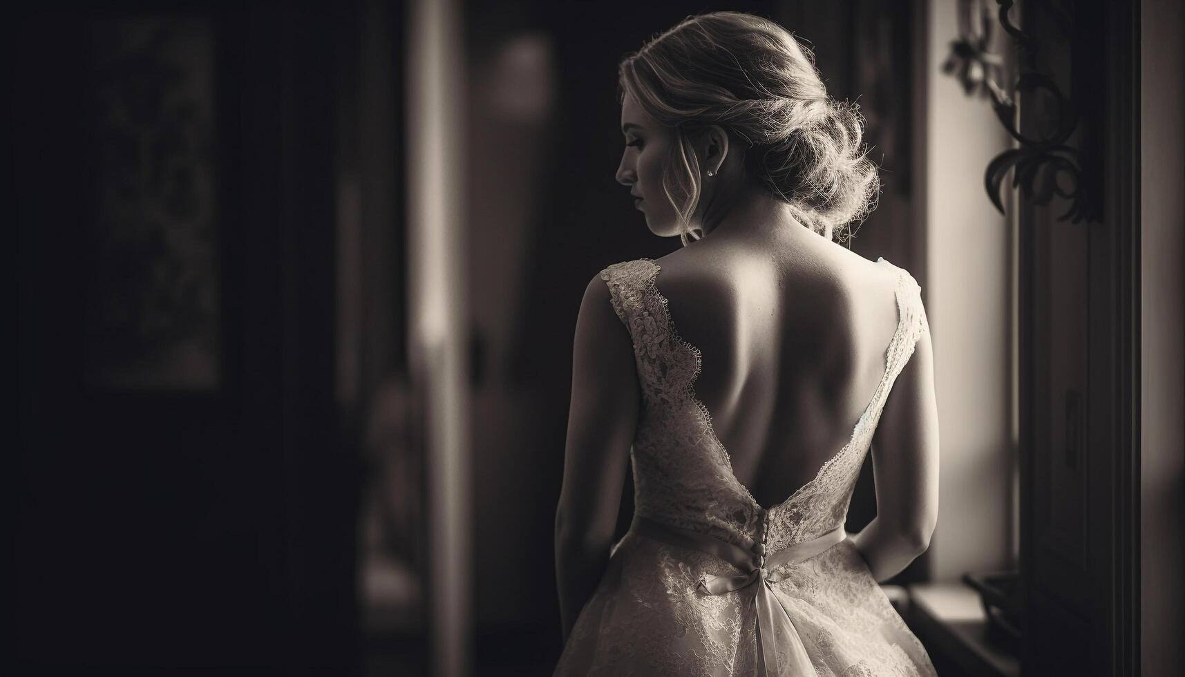 Elegant bride in monochrome dress exudes sensuality generated by AI photo