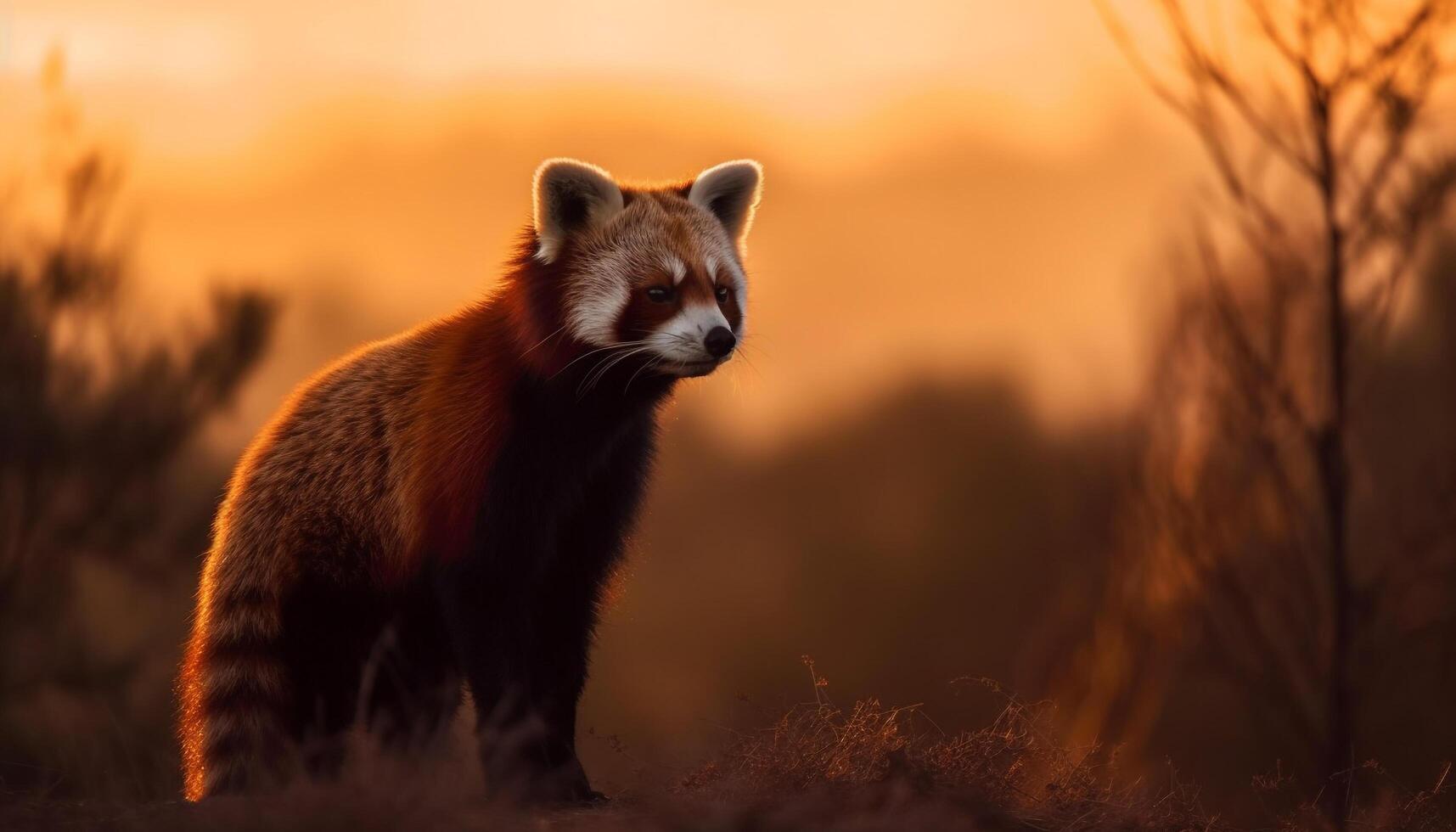Red panda sitting in grass, looking alert generated by AI photo