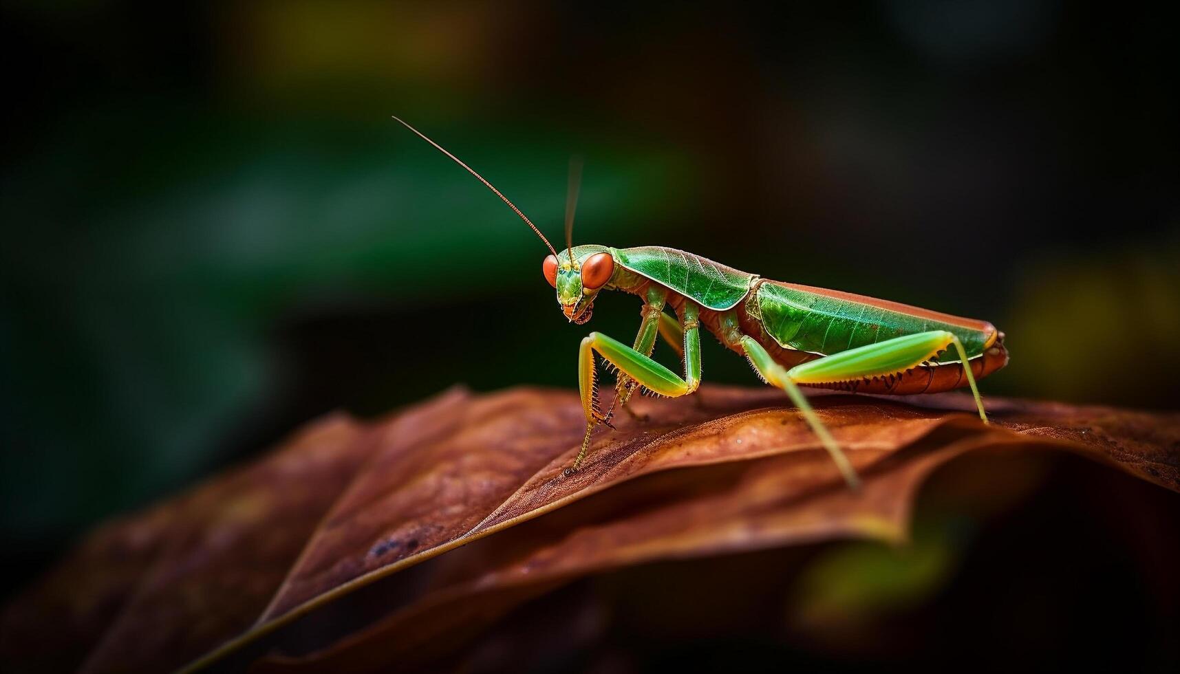 Orando mantis sentado en verde hoja, mirando generado por ai foto