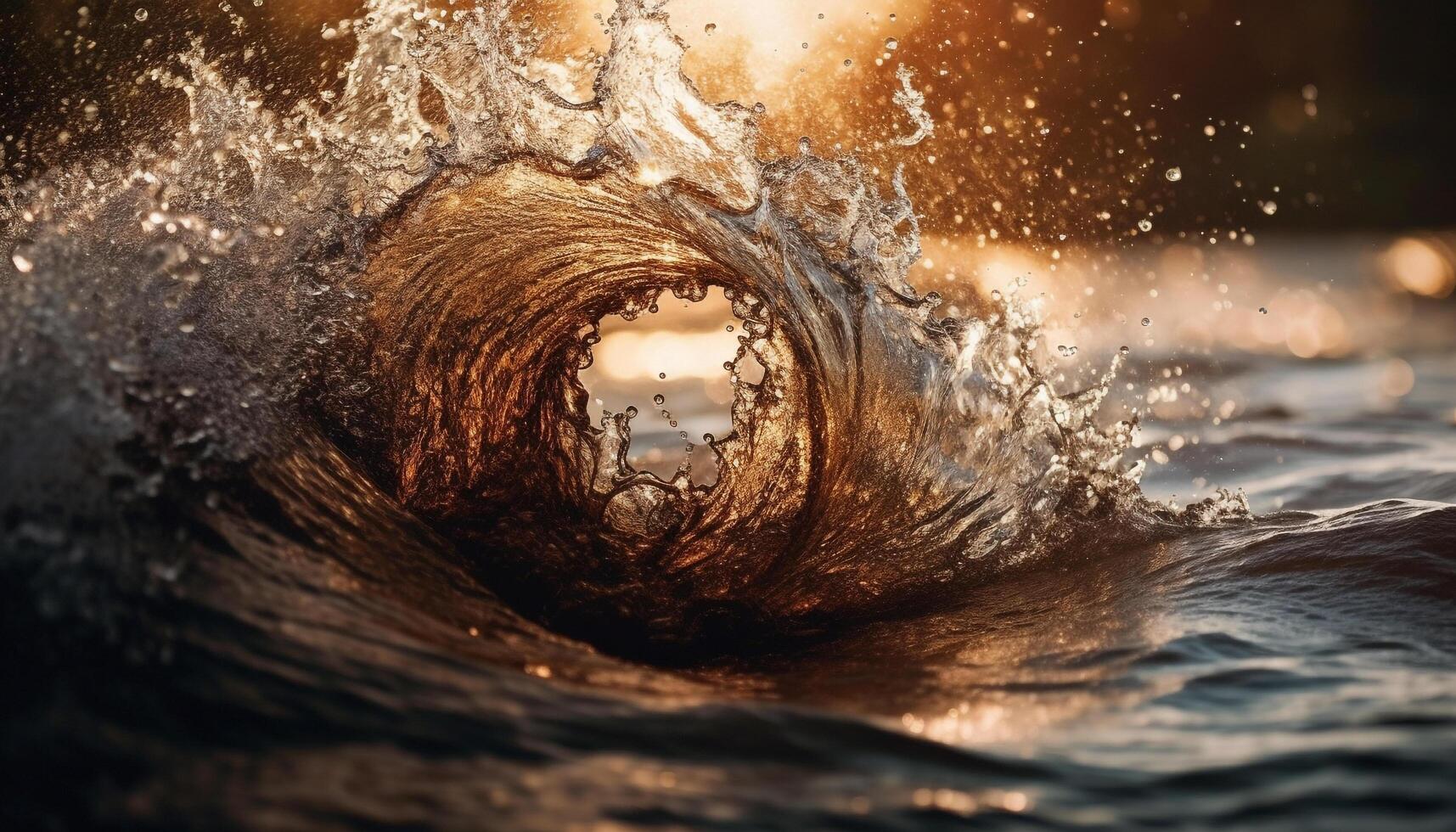 Sunset surf splashing on wet sand generated by AI photo