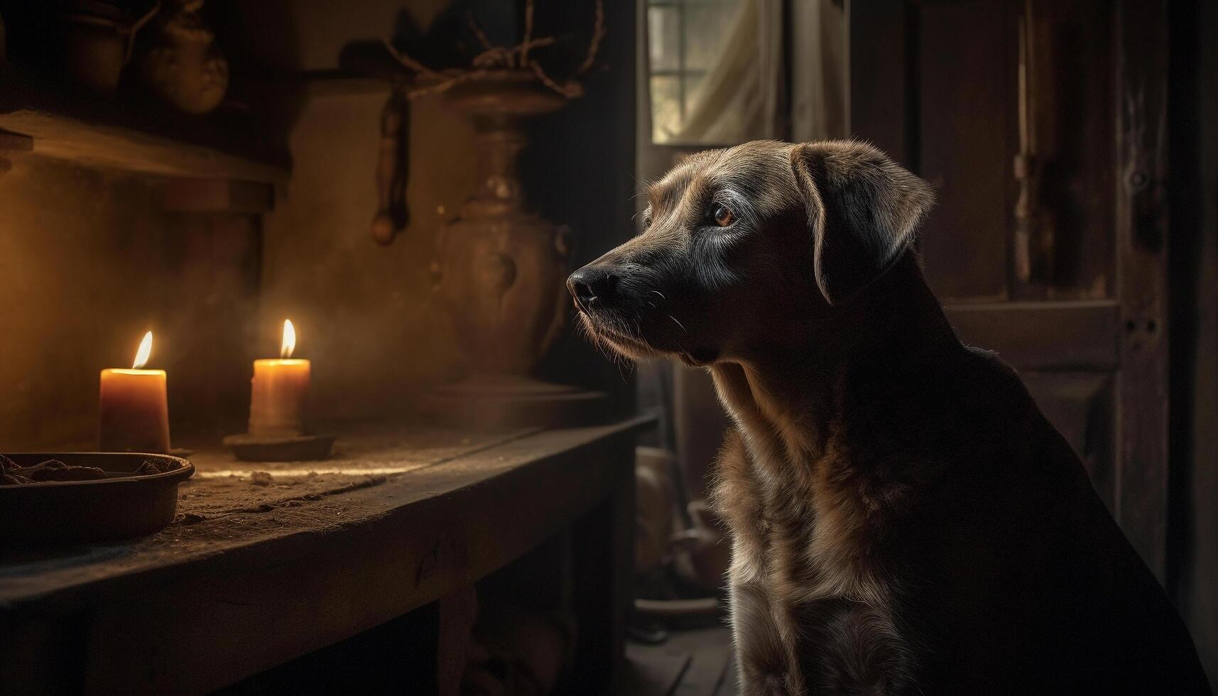 Cute purebred retriever puppy sitting on dark wood generated by AI photo