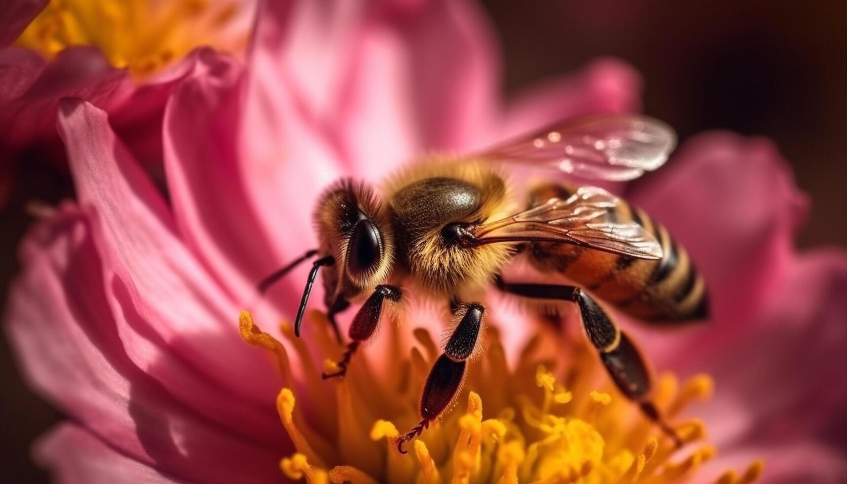 Busy honey bee pollinates single yellow flower generated by AI photo