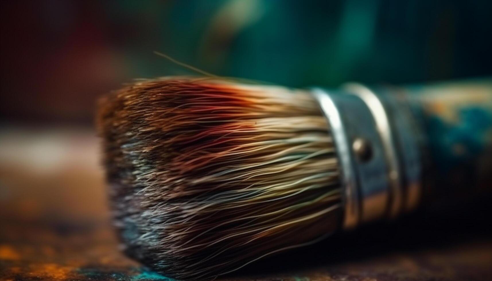 Colorful paintbrush bristles on old wooden plank generated by AI photo