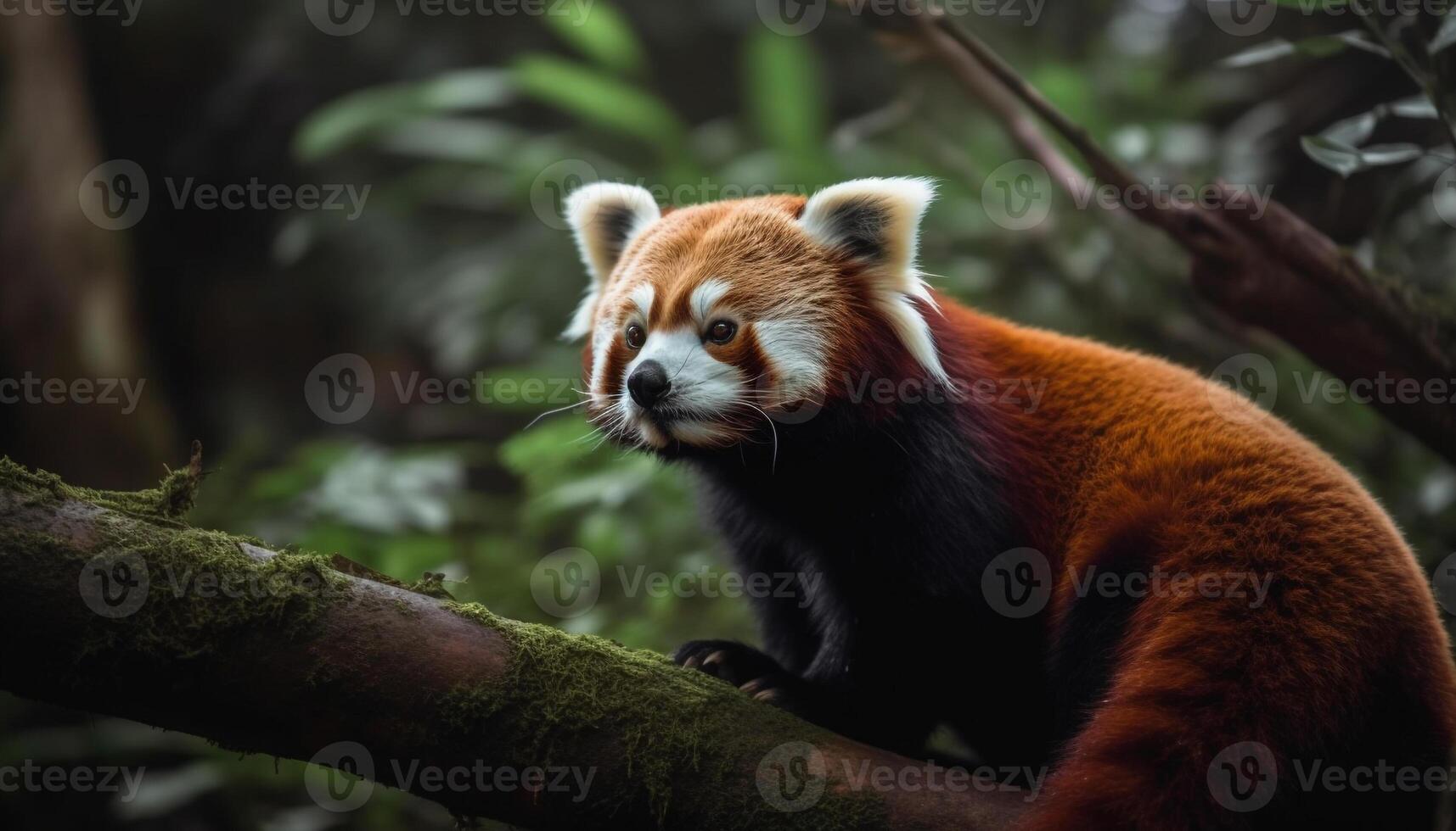 Cute red panda sitting on bamboo branch generated by AI photo