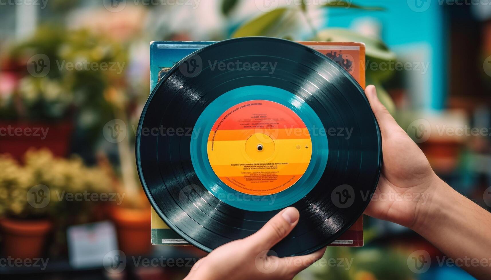 Old fashioned turntable spinning vintage vinyl at nightclub party generated by AI photo