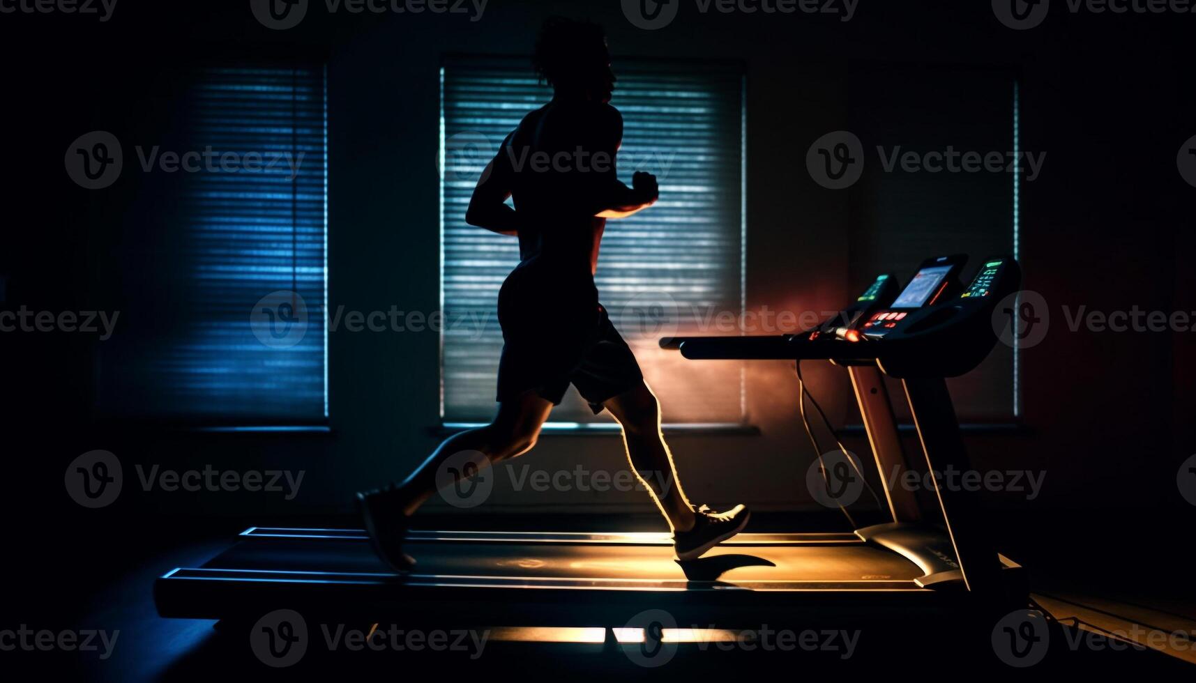 Silhouette of athlete running on treadmill indoors generated by AI photo